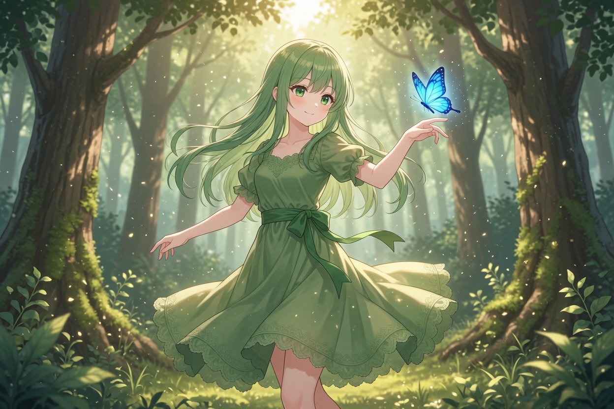 Hazel in a sunlit forest with a blue butterfly